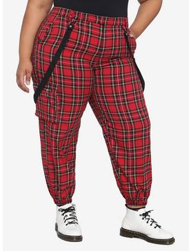 Red Plaid Suspender Jogger Pants Plus Size, , hi-res