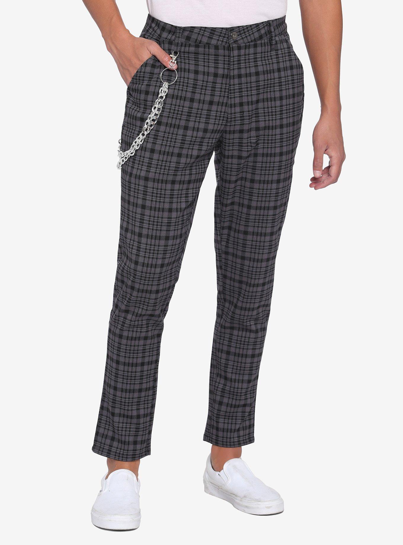 Grey Plaid Pants With Detachable Chain