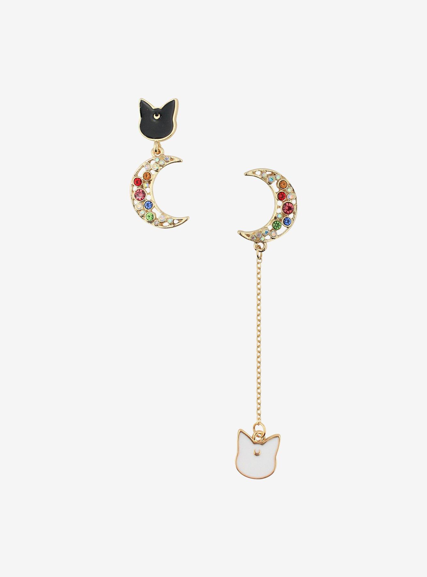 Sailor Moon Luna & Artemis Multicolor CZ Mismatch Drop Earrings, , hi-res