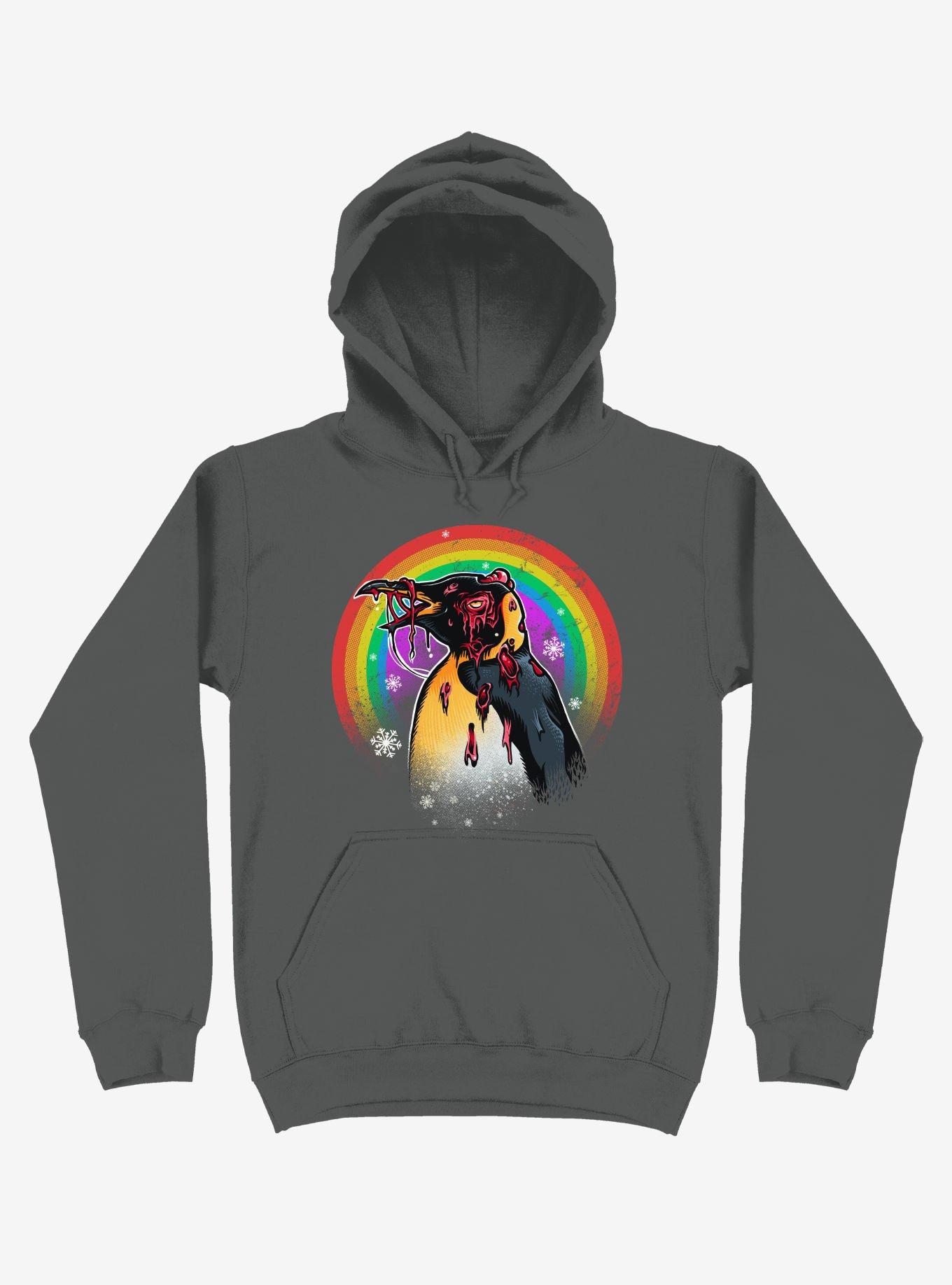 Zombie Blood Rainbow Penguin Charcoal Grey Hoodie, CHARCOAL, hi-res