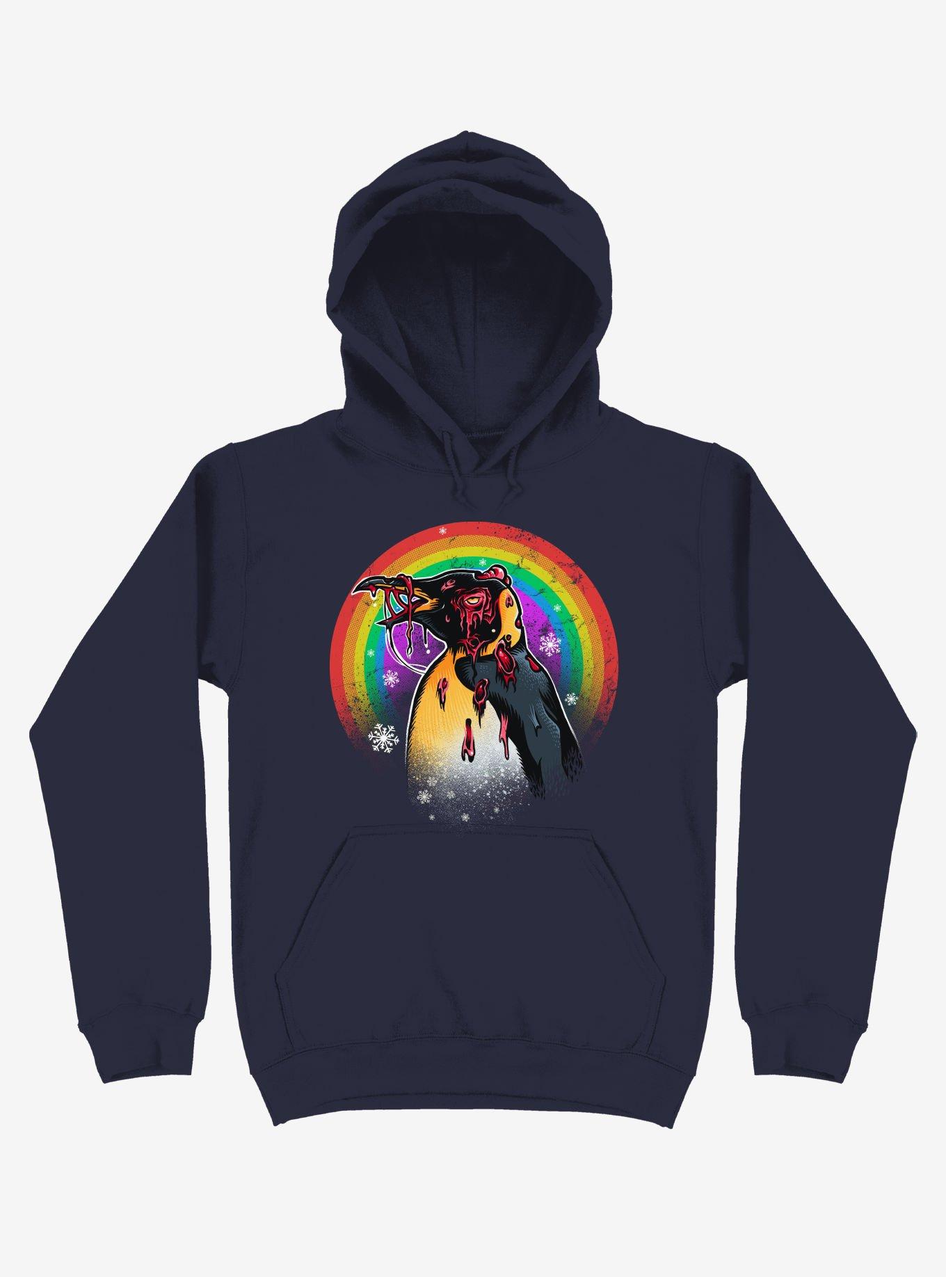 Zombie Blood Rainbow Penguin Navy Blue Hoodie, , hi-res