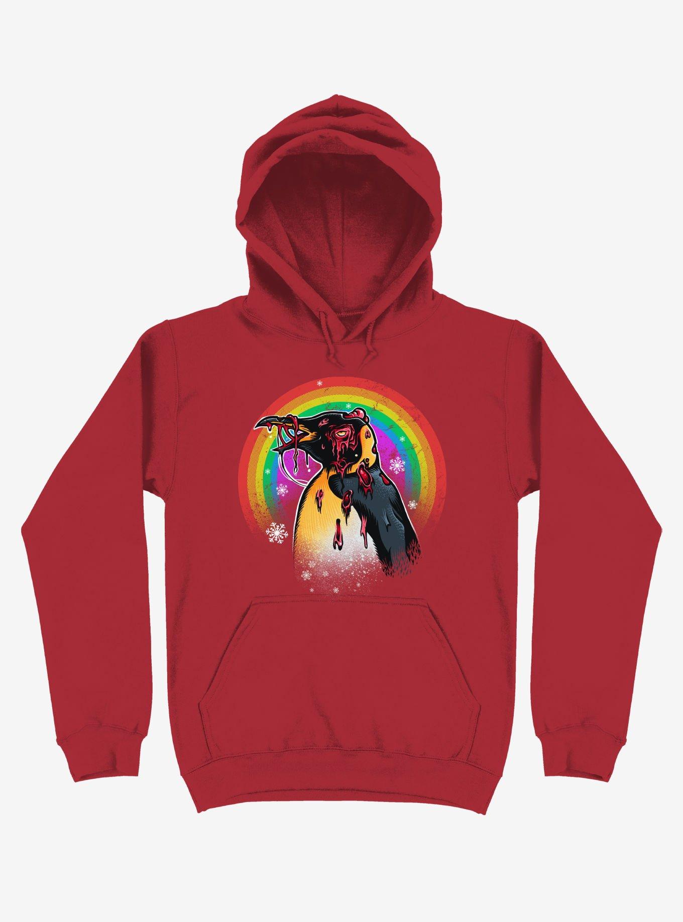 Zombie Blood Rainbow Penguin Red Hoodie, RED, hi-res