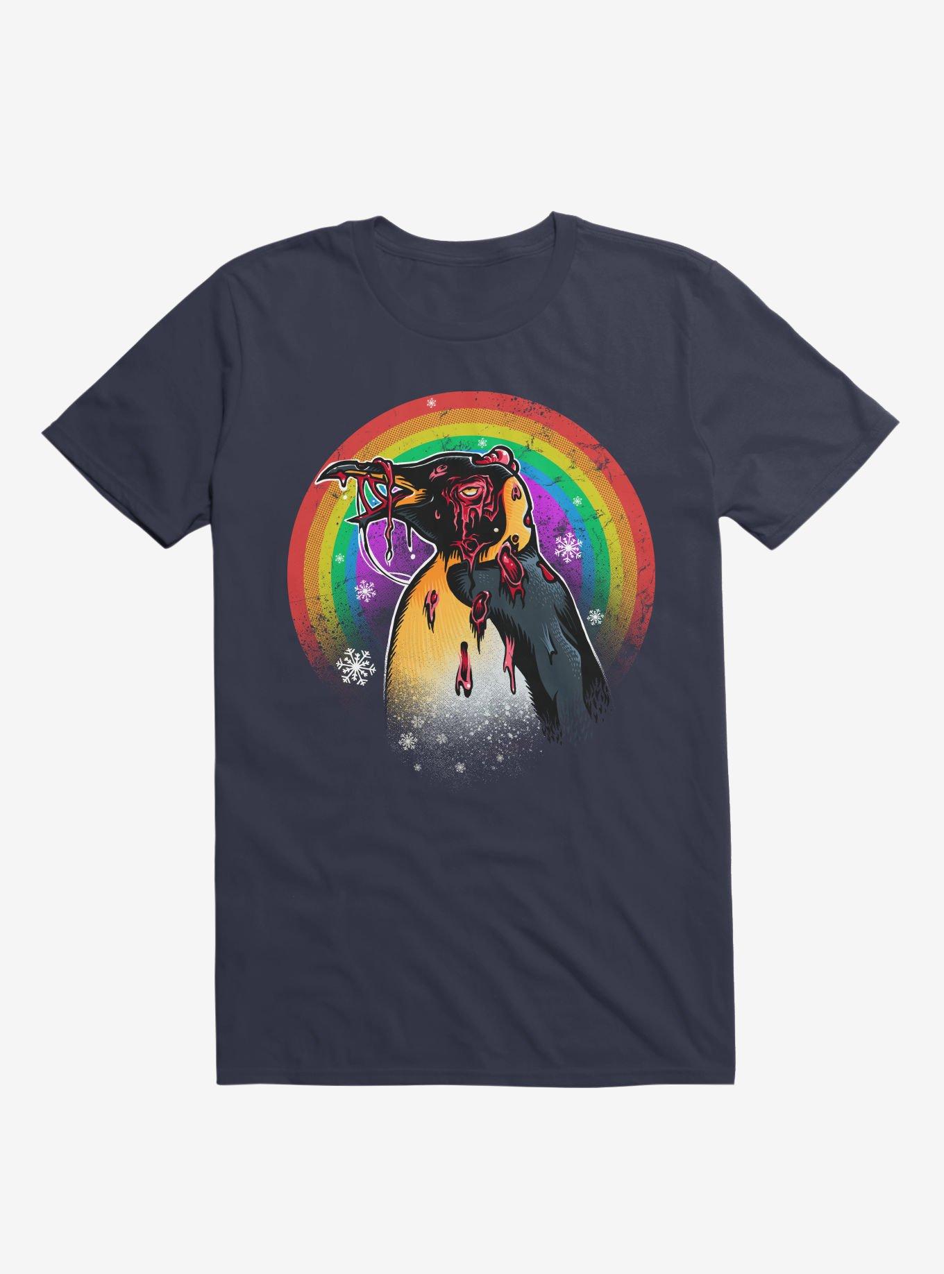 Zombie Blood Rainbow Penguin Navy Blue T-Shirt, NAVY, hi-res