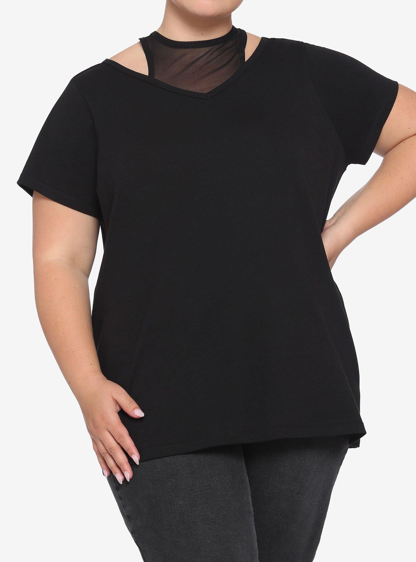 Black High Neck Mesh Faux-Layered Girls T-Shirt Plus Size, BLACK, hi-res