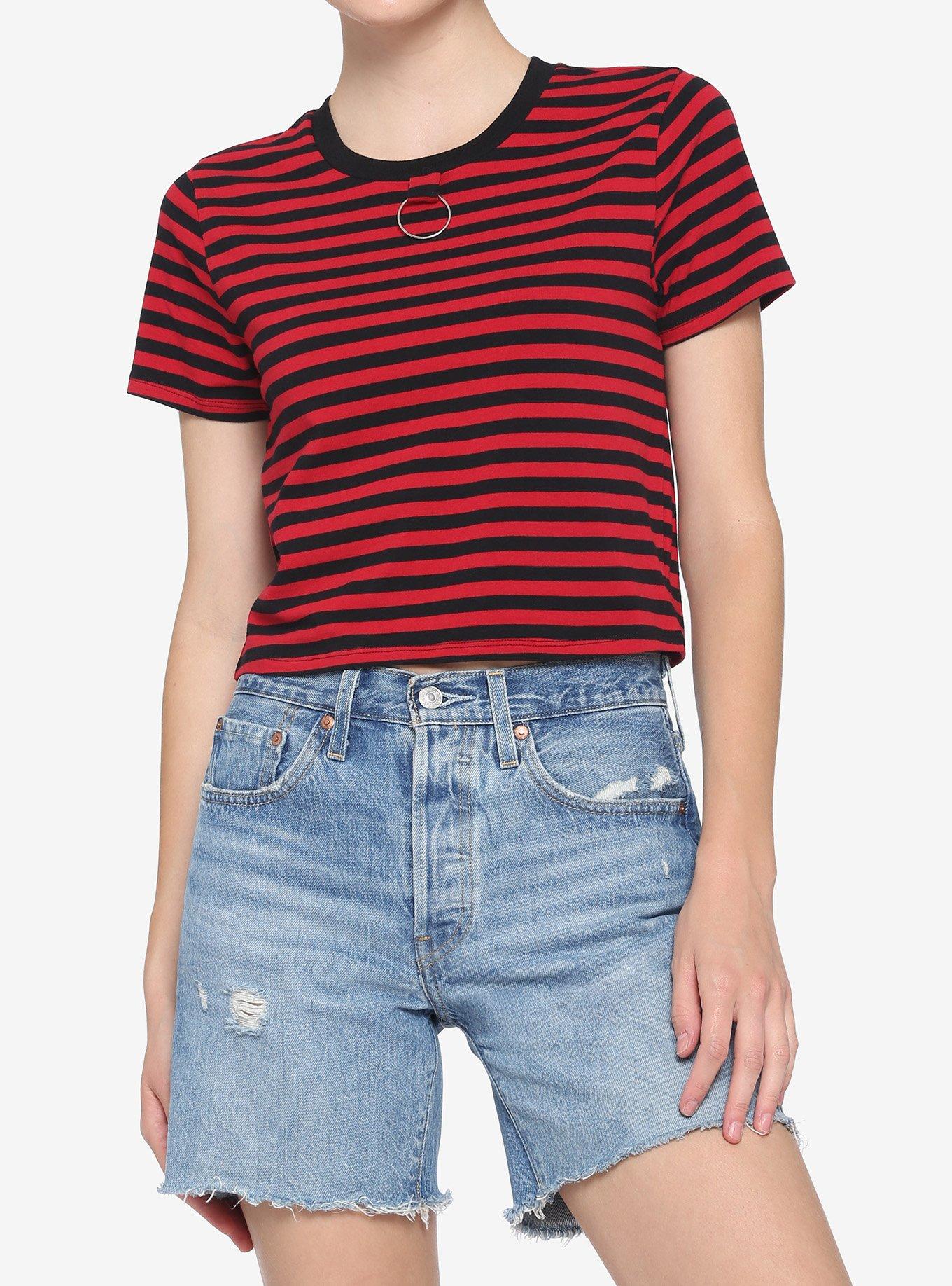 Red & Black Stripe O-Ring Girls Crop T-Shirt, STRIPE - RED, hi-res