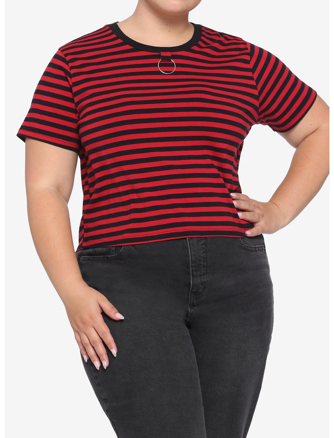 Red & Black Stripe O-Ring Girls Crop T-Shirt Plus Size, STRIPE - RED, hi-res