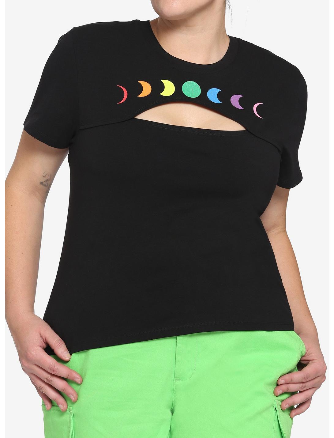Moon Phase Rainbow Cutout Girls Crop T-Shirt Plus Size, MULTI, hi-res