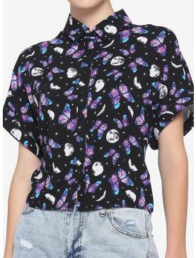 Cosmic Crystal Butterfly Boxy Girls Crop Woven Button-Up, , hi-res