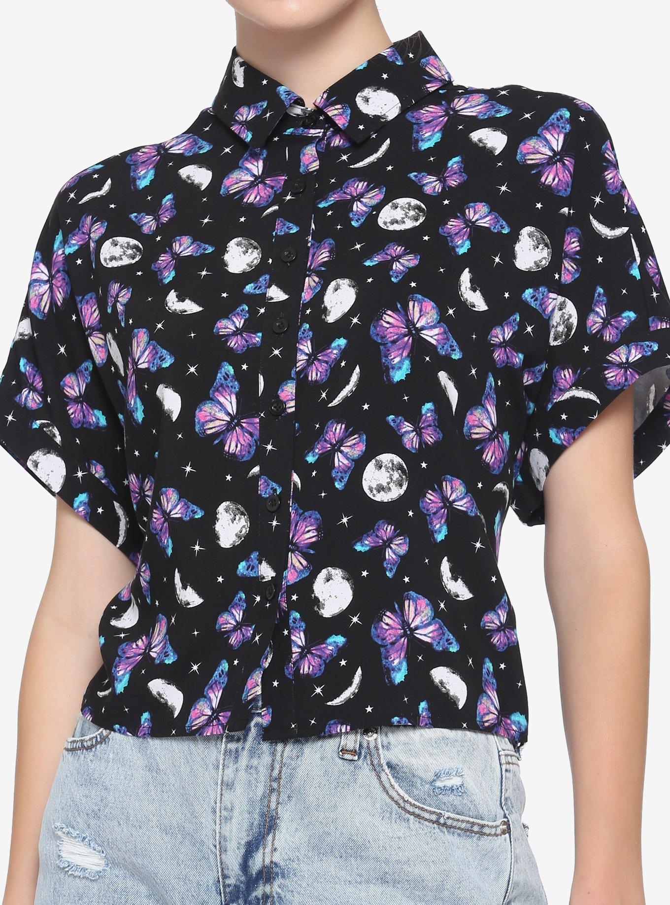 Cosmic Crystal Butterfly Boxy Girls Crop Woven Button-Up, MULTI, hi-res
