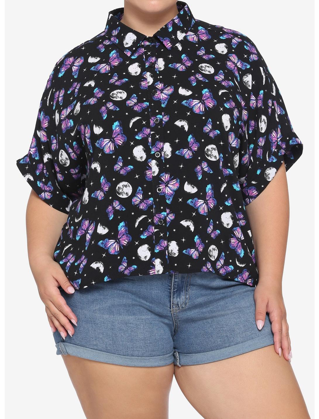 Cosmic Crystal Butterfly Boxy Girls Crop Woven Button-Up Plus Size, MULTI, hi-res