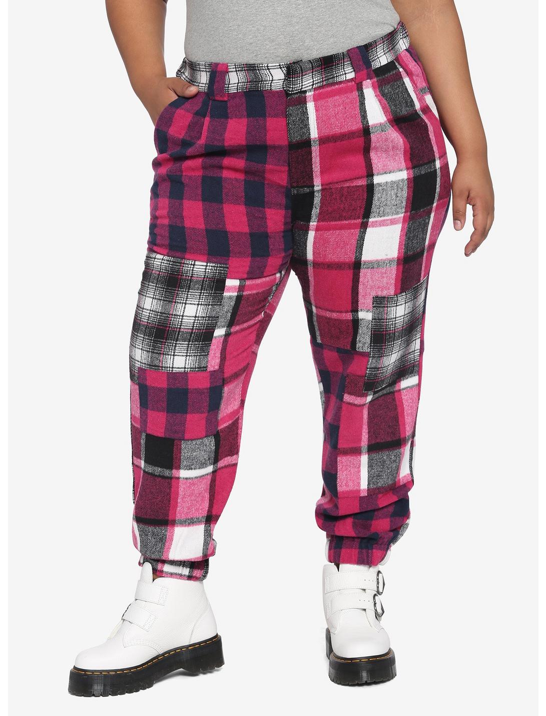 Pink Plaid Patchwork Jogger Pants Plus Size, MULTI, hi-res