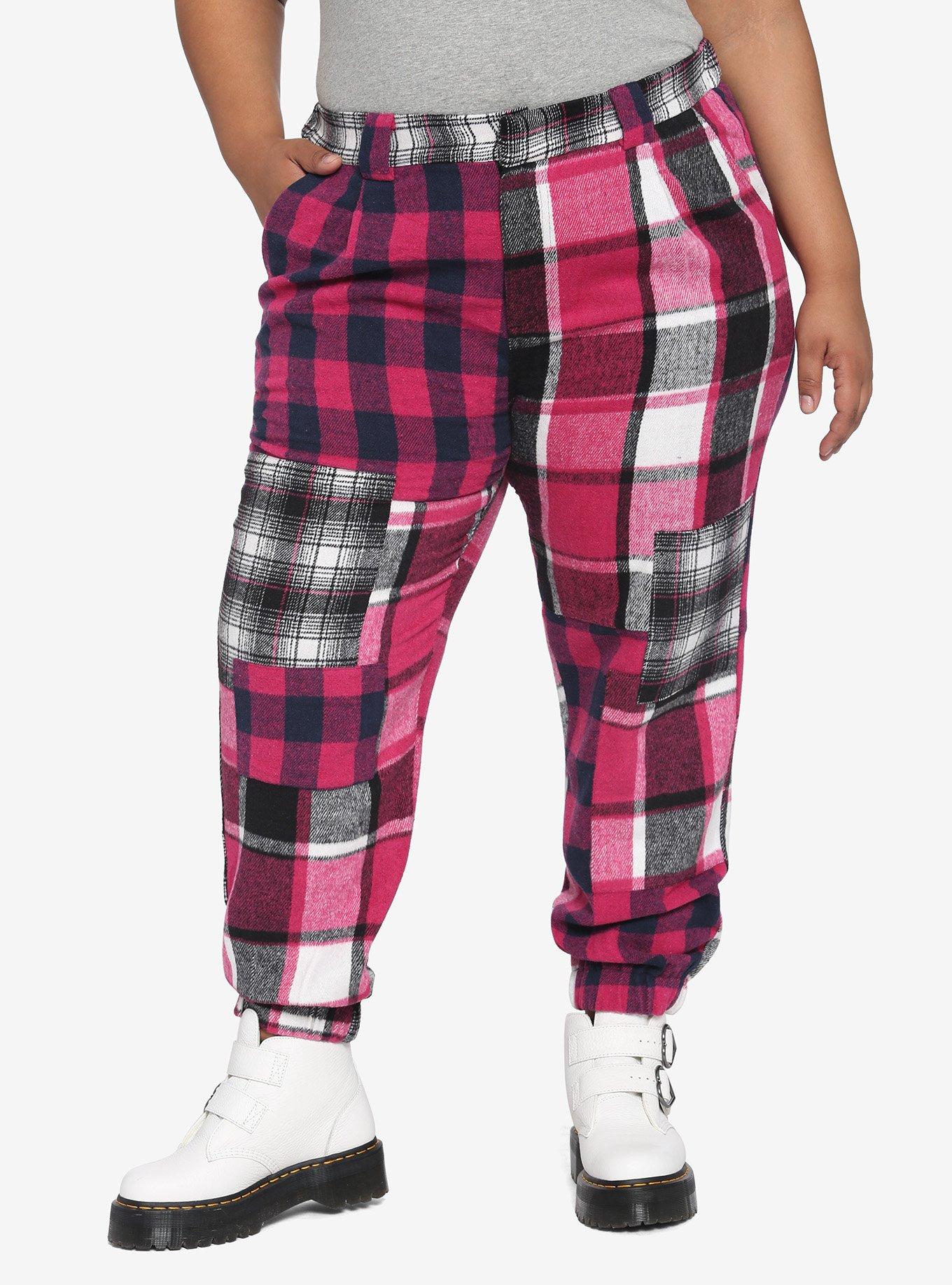 Pink Plaid Patchwork Jogger Pants Plus Size, MULTI, hi-res