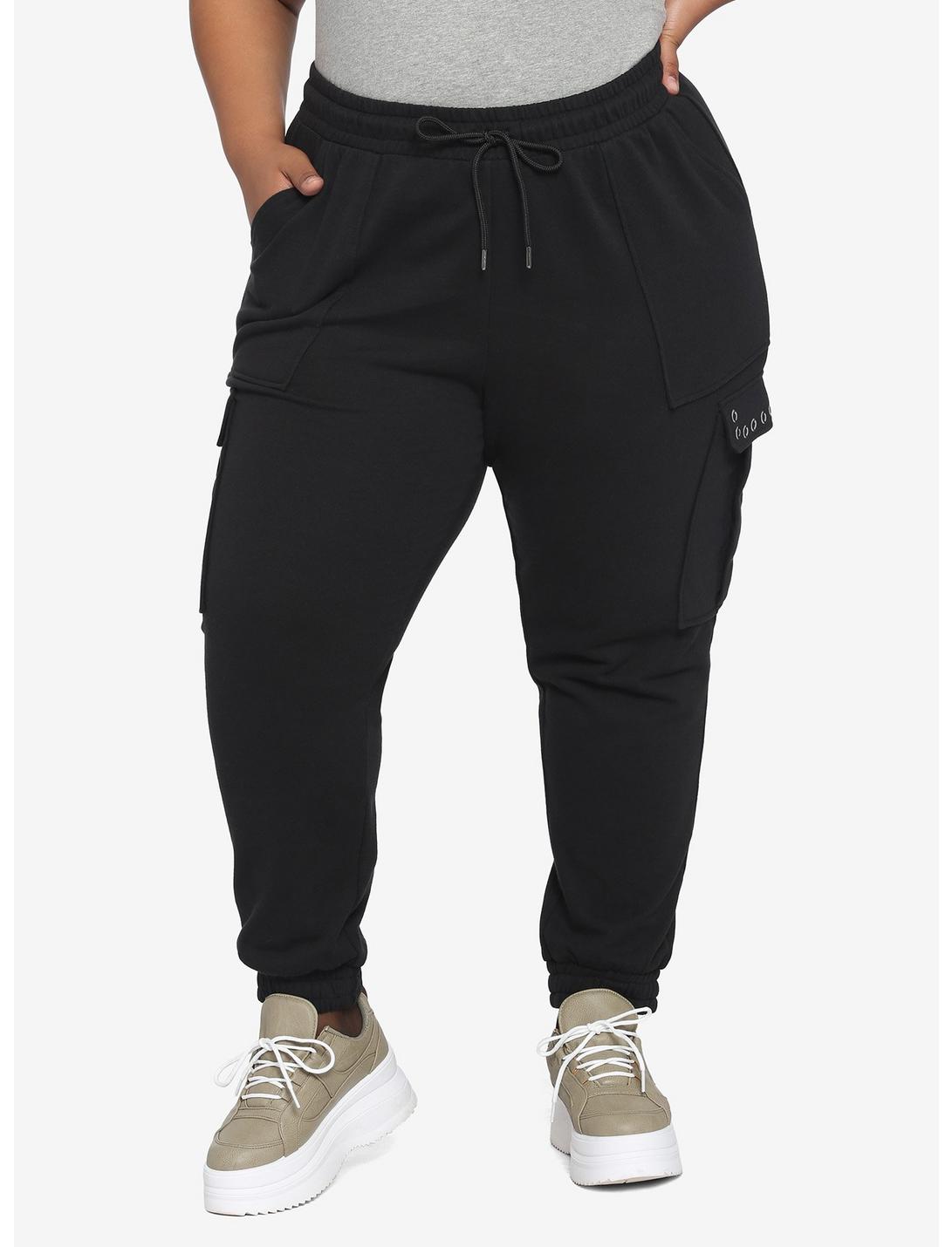 Black Grommet Jogger Pants Plus Size, BLACK, hi-res