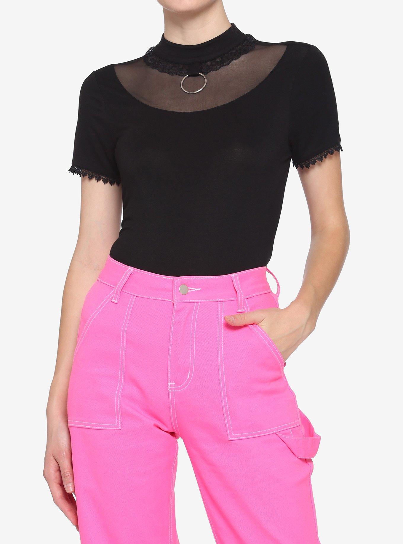 Black Mesh Yoke O-Ring Lace Neck Girls Crop Top, BLACK, hi-res