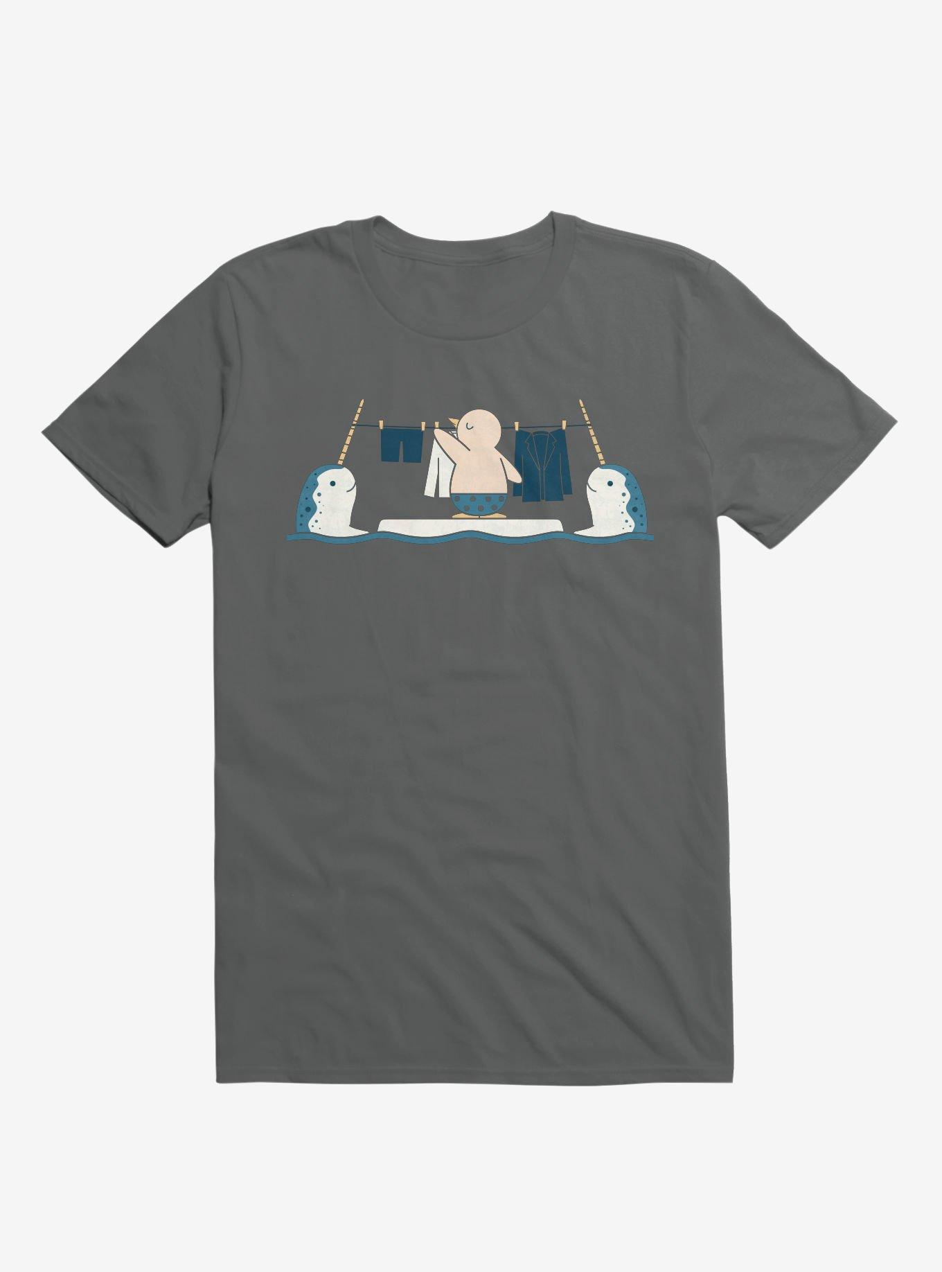 Penguin With Narwhals Laundry Day Charcoal Grey T-Shirt, CHARCOAL, hi-res