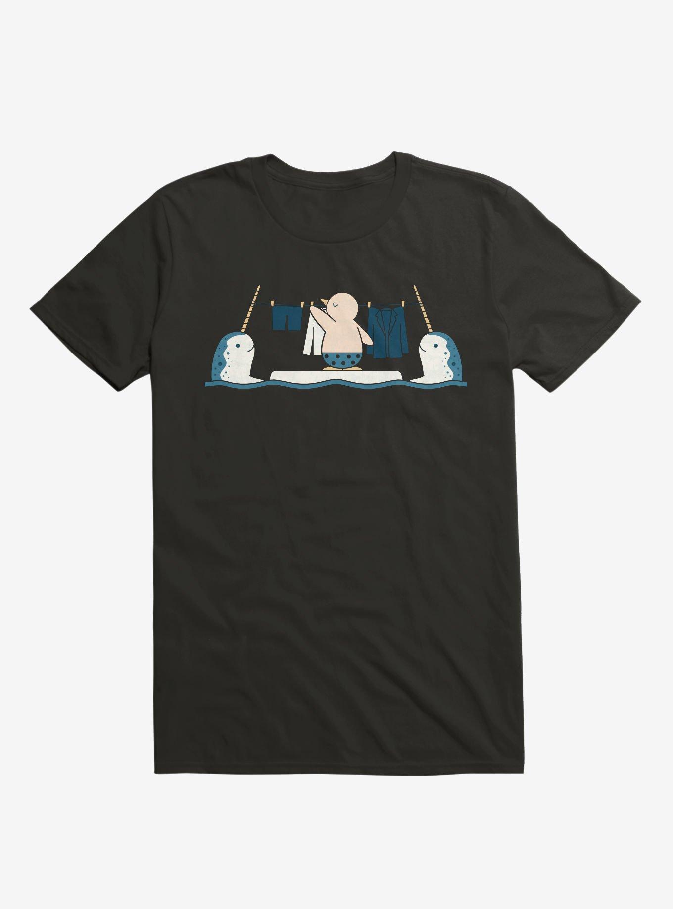 Penguin With Narwhals Laundry Day Black T-Shirt, , hi-res