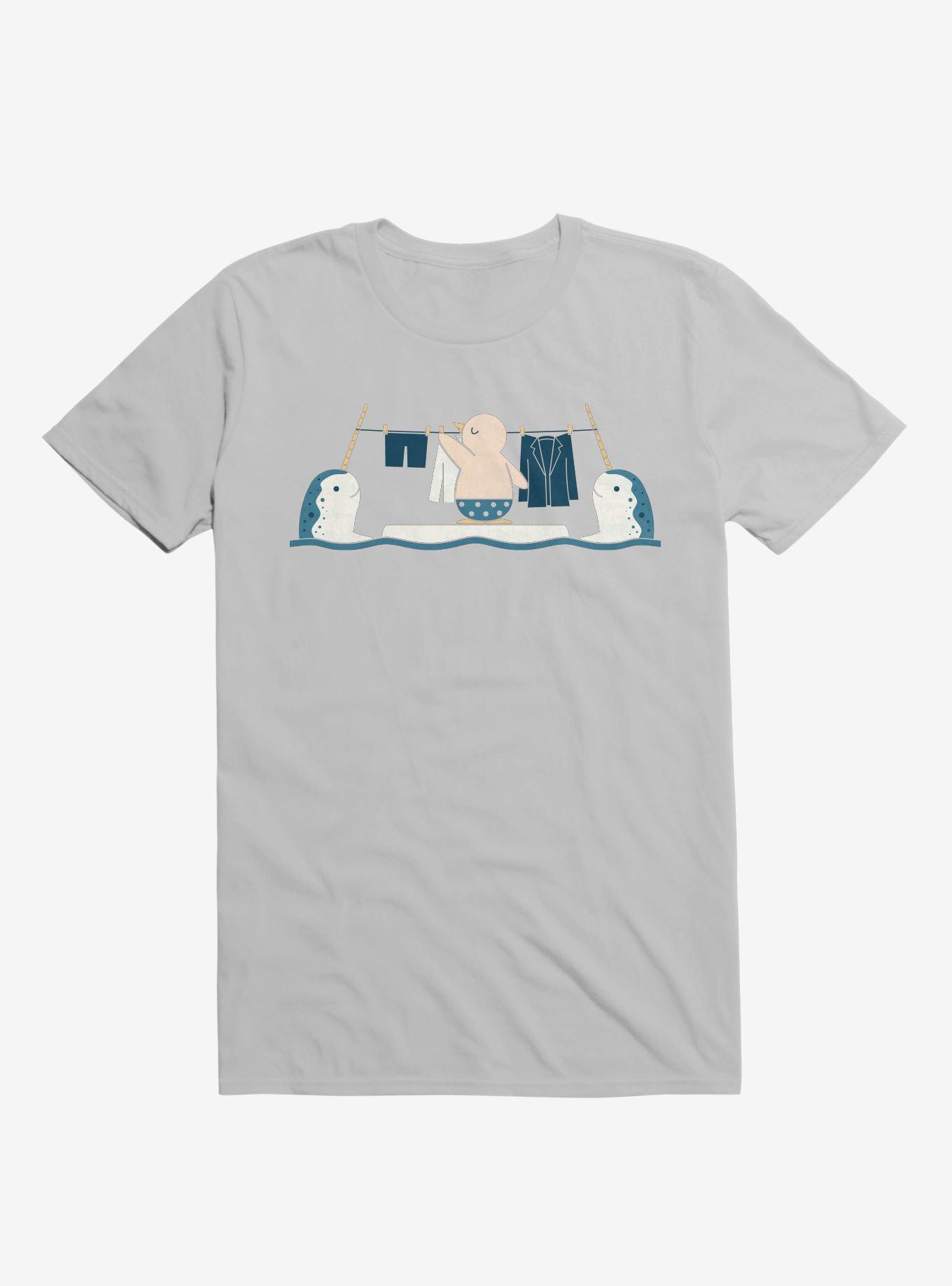 Penguin With Narwhals Laundry Day Ice Grey T-Shirt