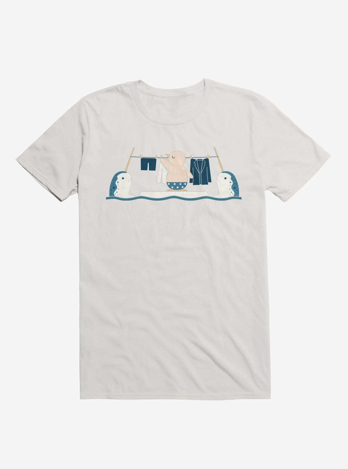 Penguin With Narwhals Laundry Day White T-Shirt, WHITE, hi-res