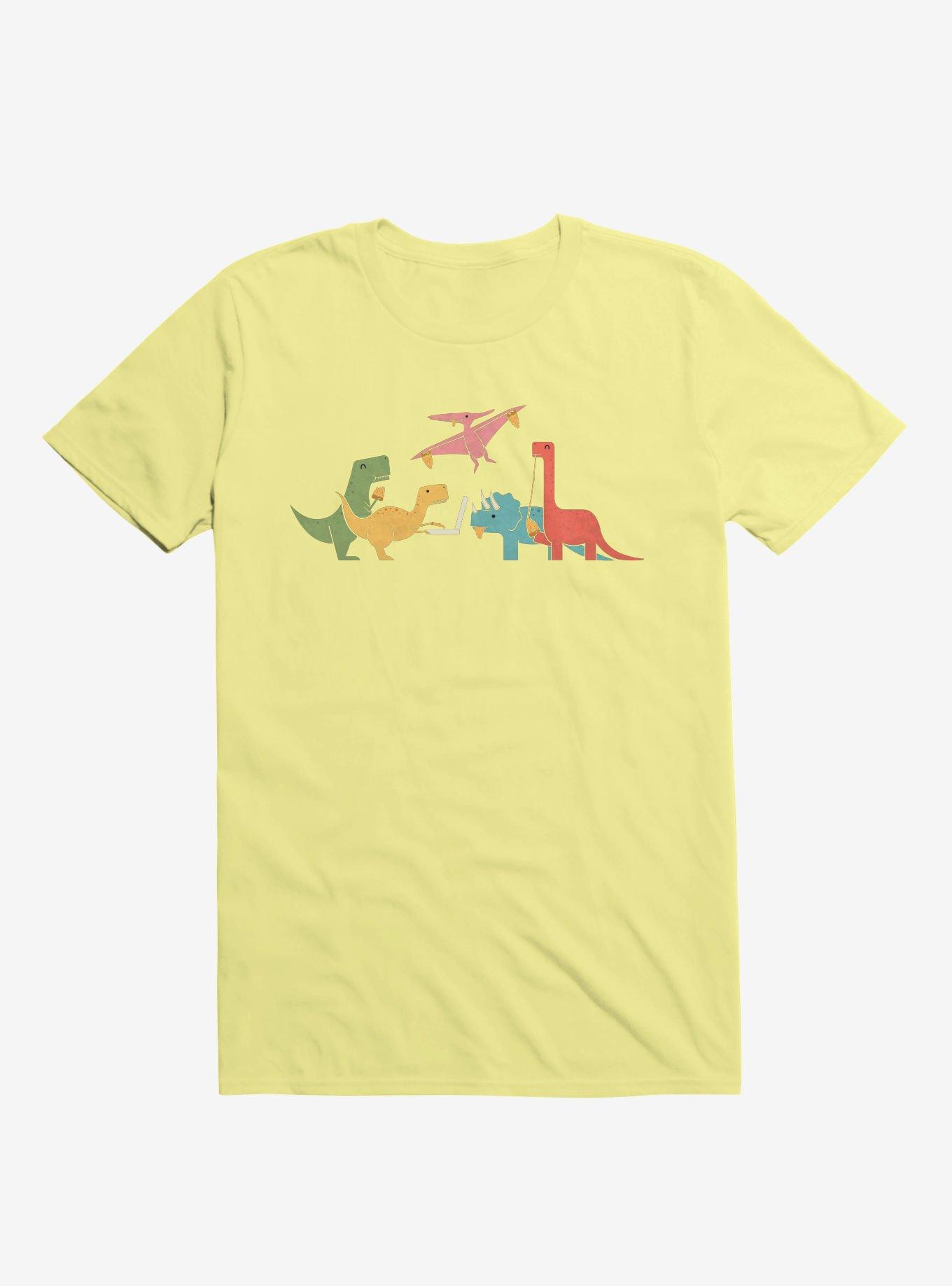 THRDLESS Dinos Eating Pizza Corn Silk Yellow T-Shirt