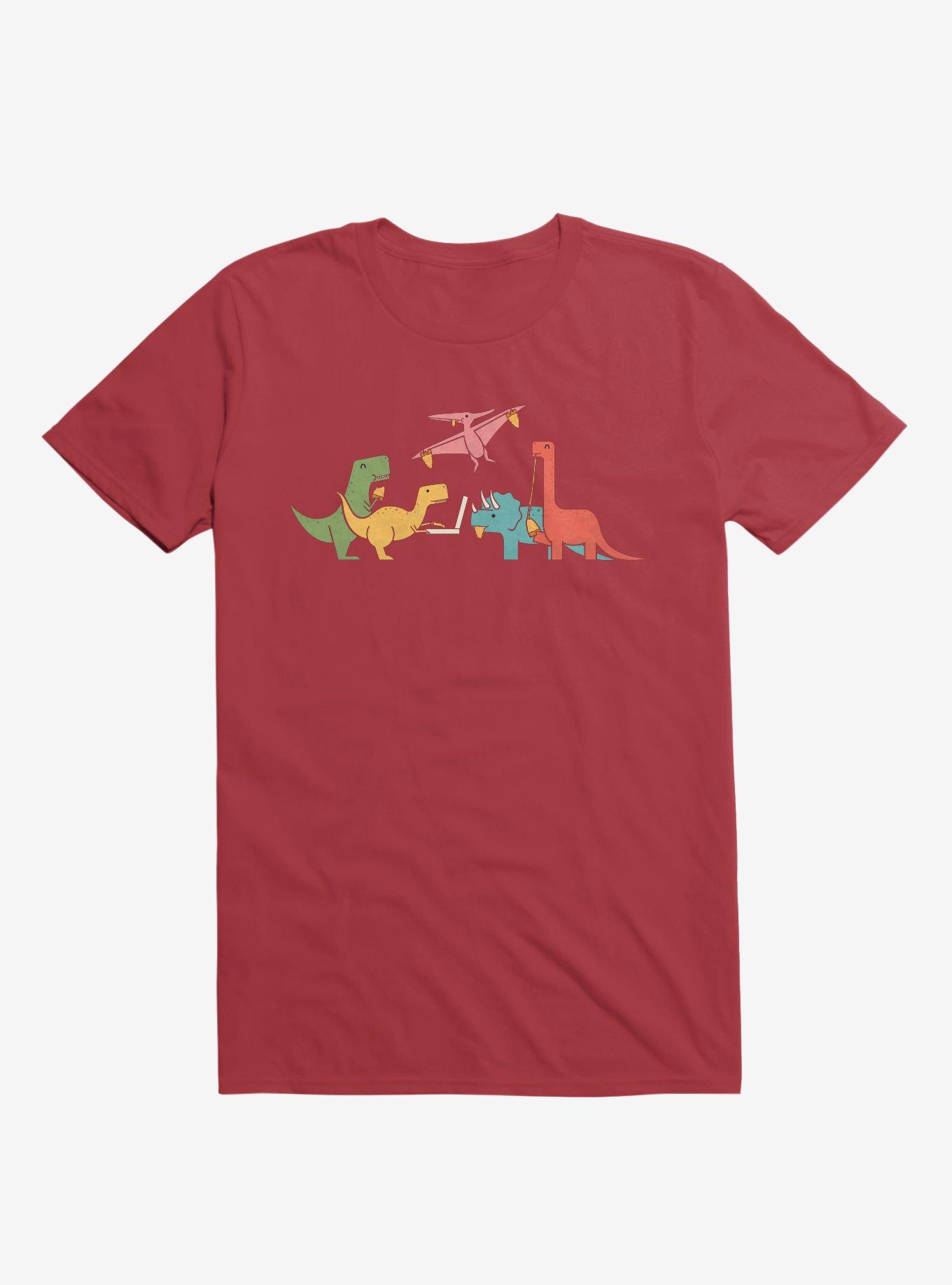 Dinos Eating Pizza Red T-Shirt, RED, hi-res