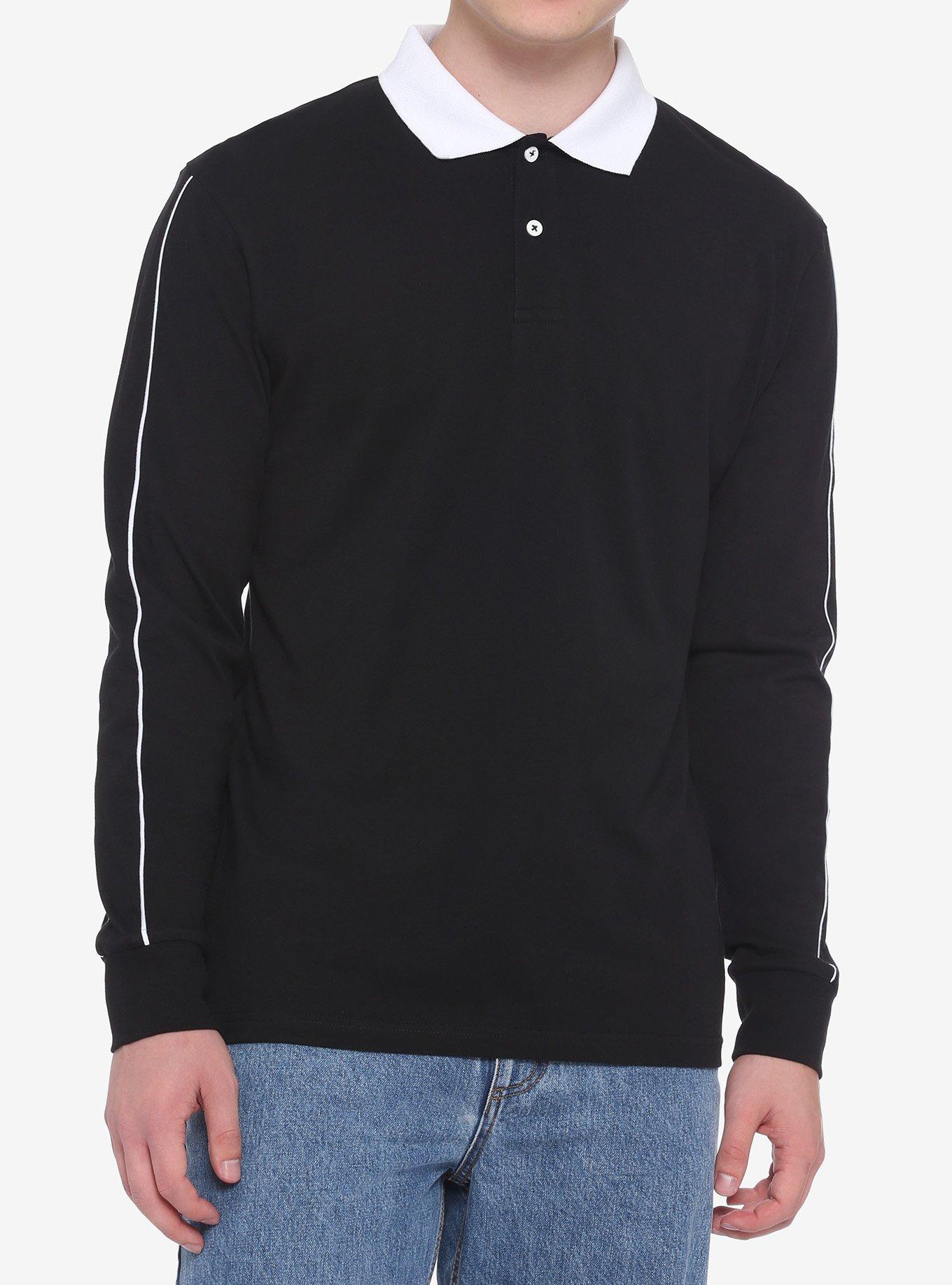 Black White Collar Piping Long-Sleeve Shirt, BLACK, hi-res