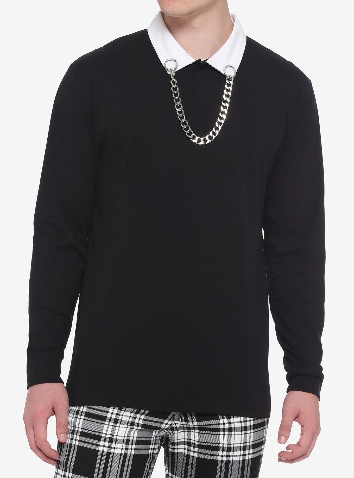 Black Chain White Collar Long-Sleeve Shirt, BLACK, hi-res