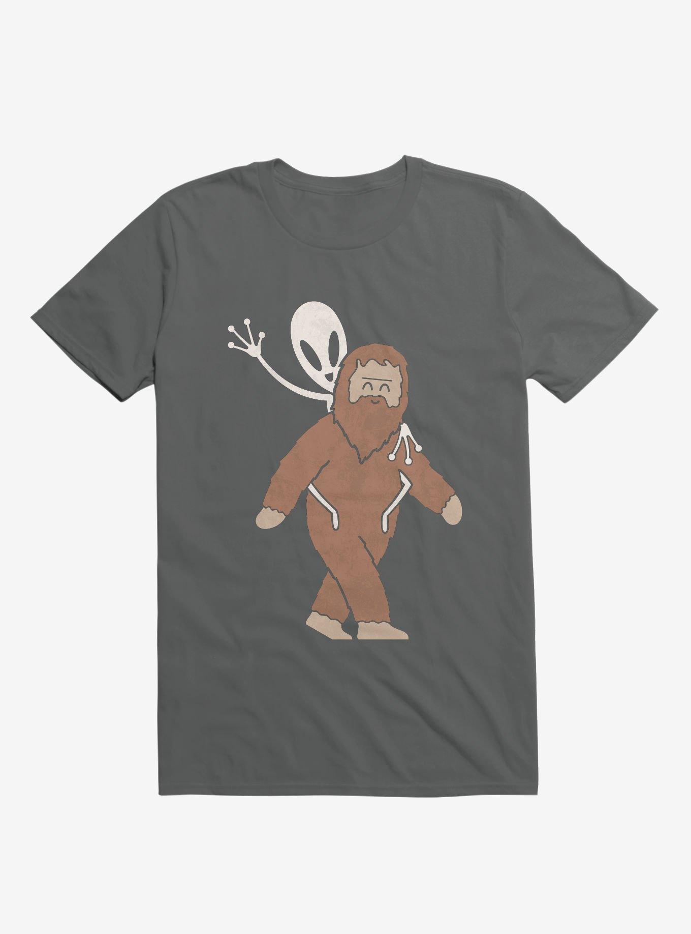 Alien And Sasquatch Piggyback Charcoal Grey T-Shirt, CHARCOAL, hi-res