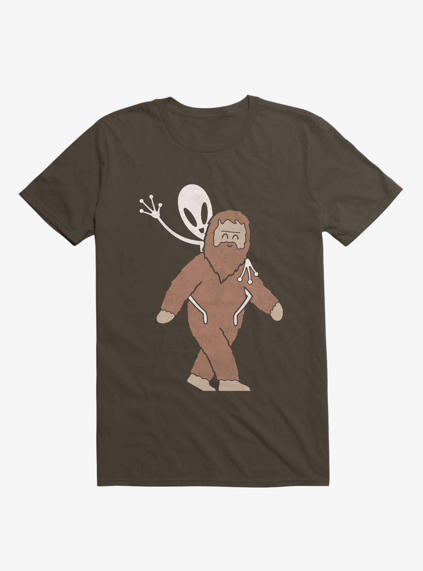 Alien And Sasquatch Piggyback Brown T-Shirt, BROWN, hi-res