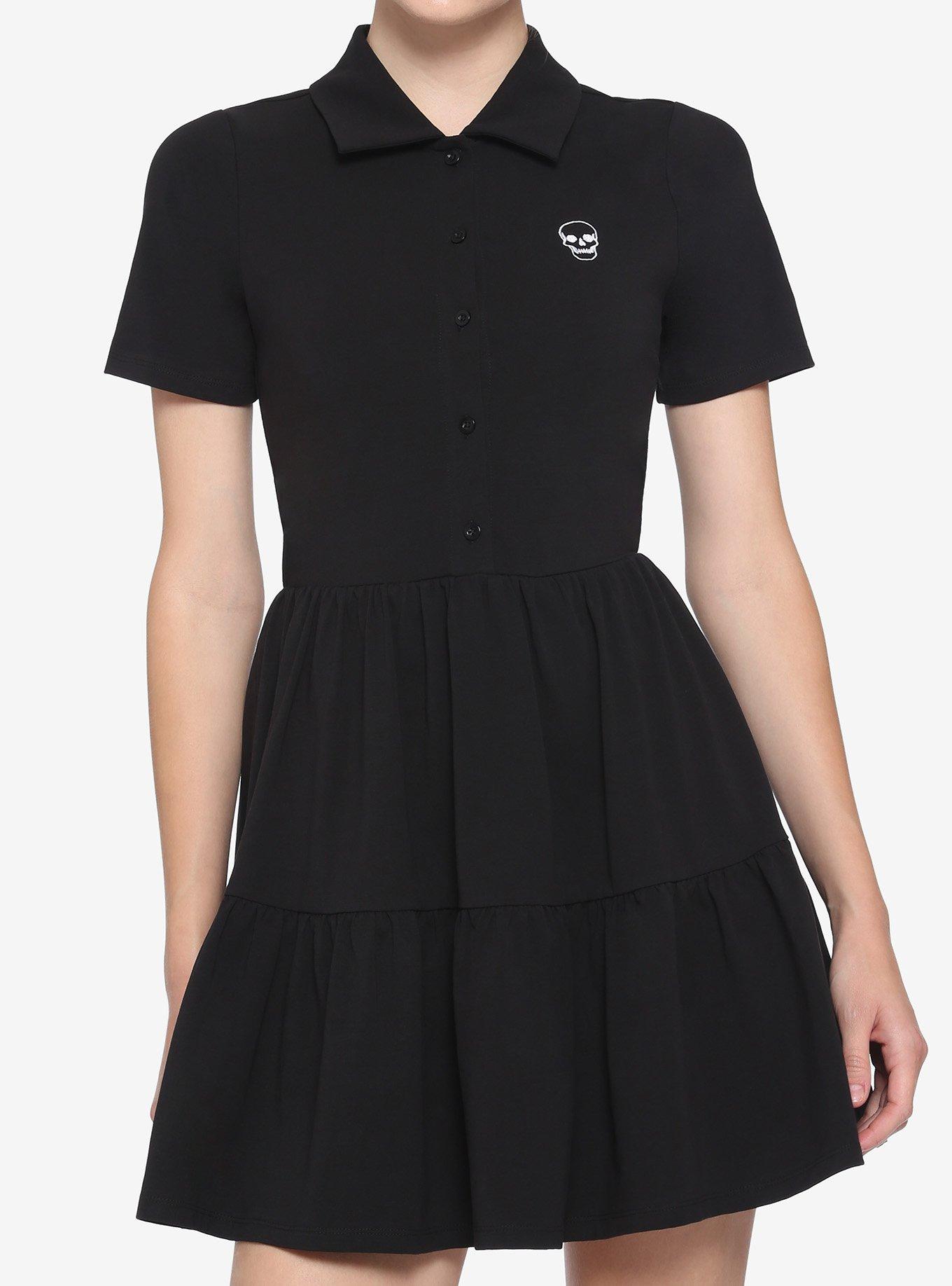 Black Embroidered Skull Polo Tiered Dress, BLACK, hi-res