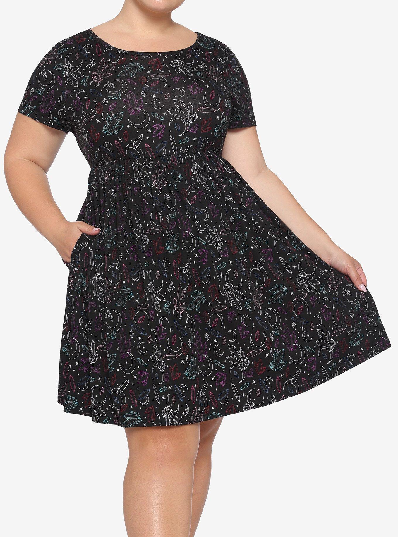 Crystal Outline Pattern Babydoll Dress Plus Size, BLACK, hi-res