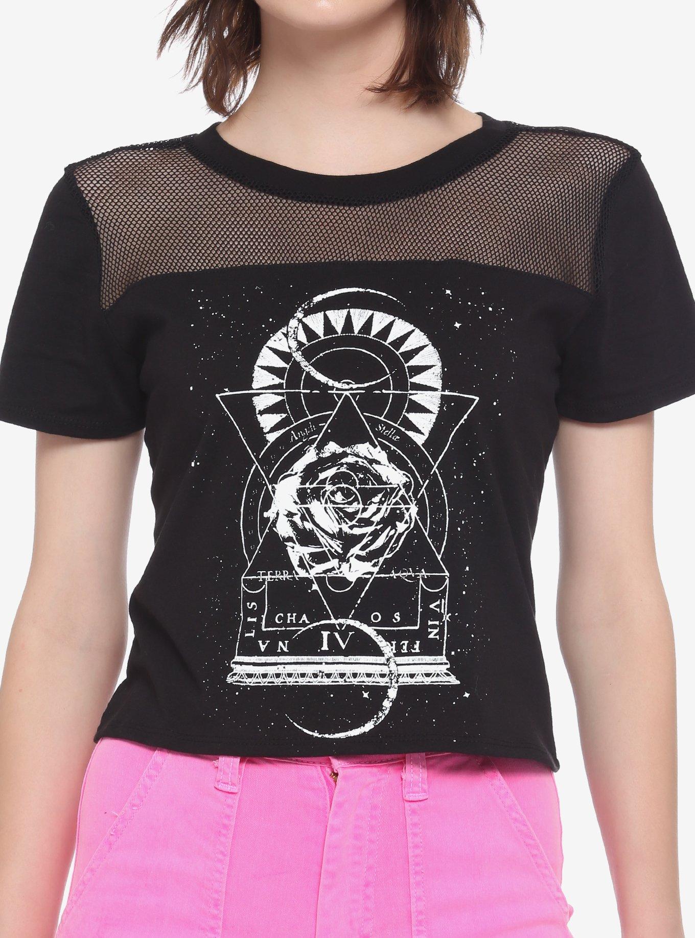 Geometric Rose Mesh Panel Girls Crop T-Shirt, BLACK, hi-res