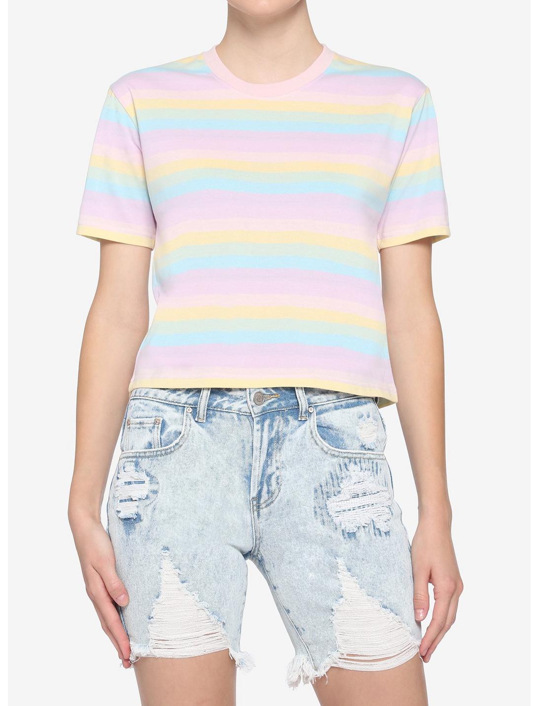 Pastel Rainbow Stripe Boxy Girls Crop T-Shirt, STRIPES, hi-res