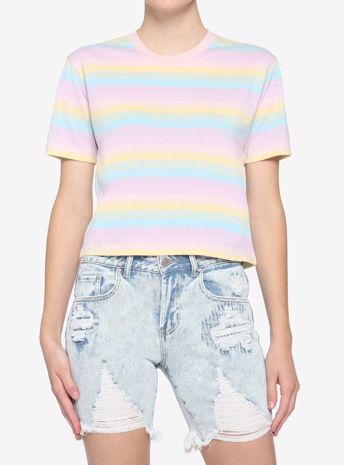 Pastel Rainbow Stripe Boxy Girls Crop T-Shirt, STRIPES, hi-res
