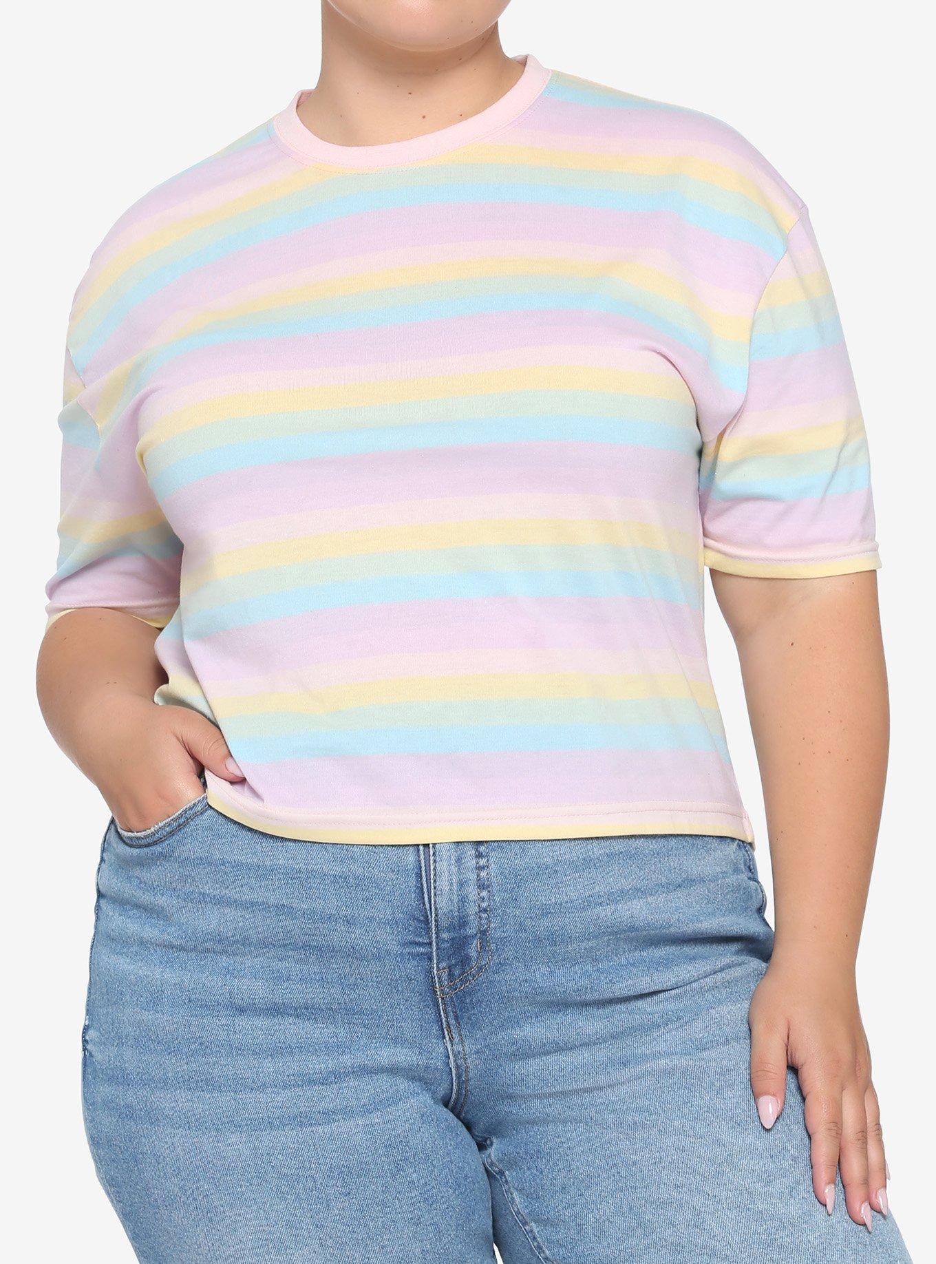 Pastel Rainbow Stripe Boxy Girls Crop T-Shirt Plus Size, STRIPES, hi-res