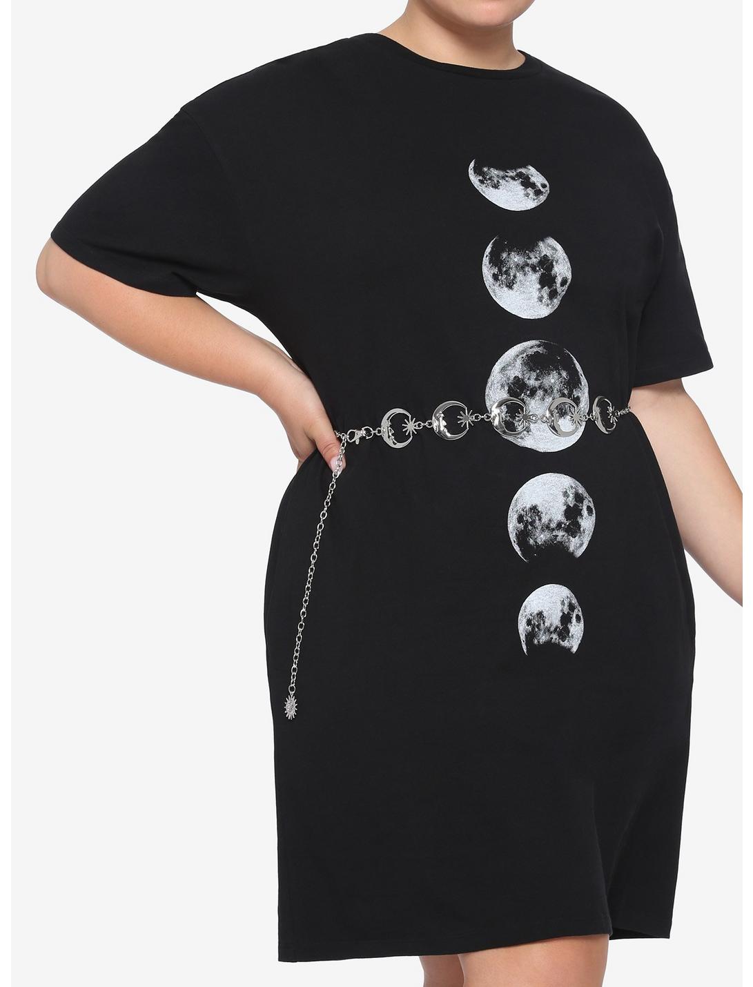 Moon Phases Belted Black T-Shirt Dress Plus Size, BLACK, hi-res