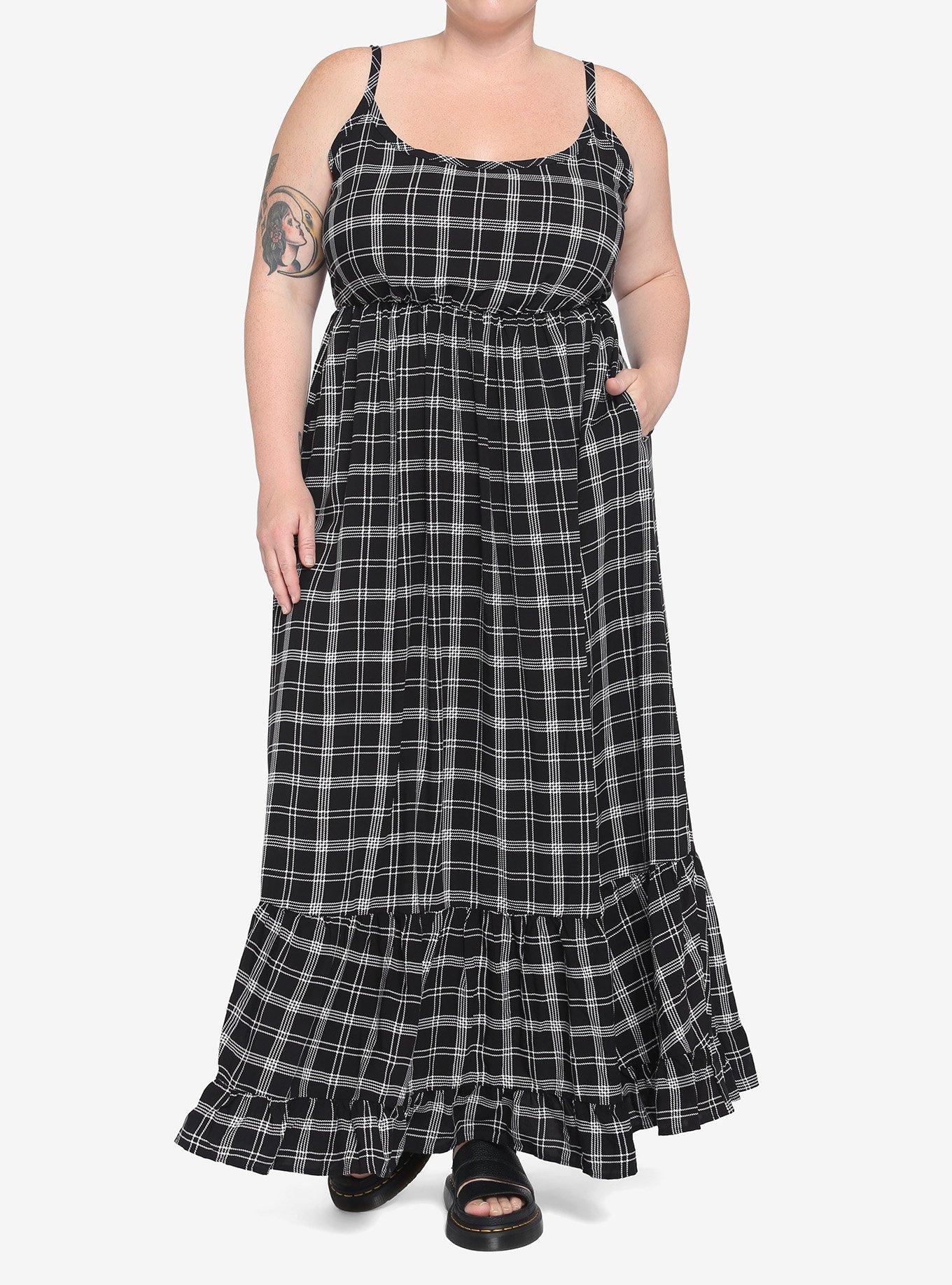 Black & White Tiered Maxi Dress Plus Size, PLAID, hi-res