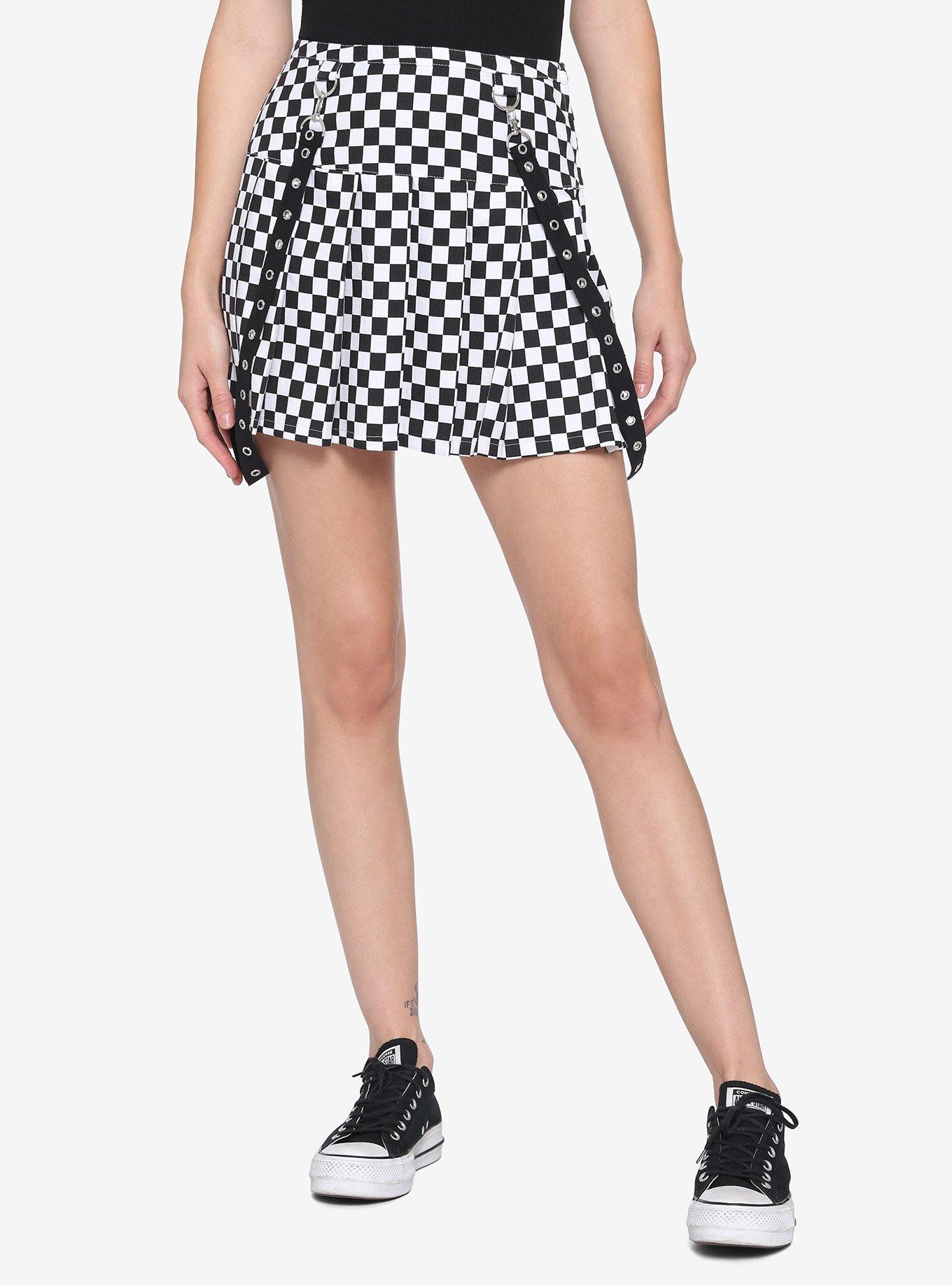 Silver Grommet Pleated Checkered Suspender Skirt, CHECKERED, hi-res
