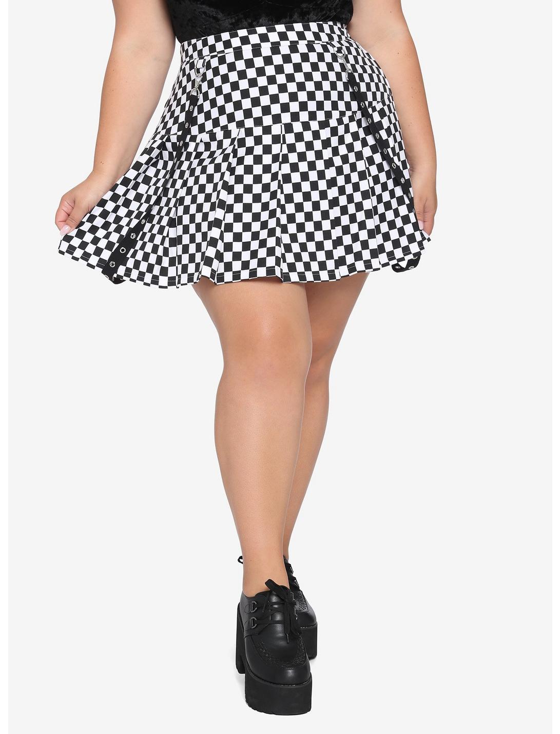 Silver Grommet Pleated Checkered Suspender Skirt Plus Size, MULTI, hi-res