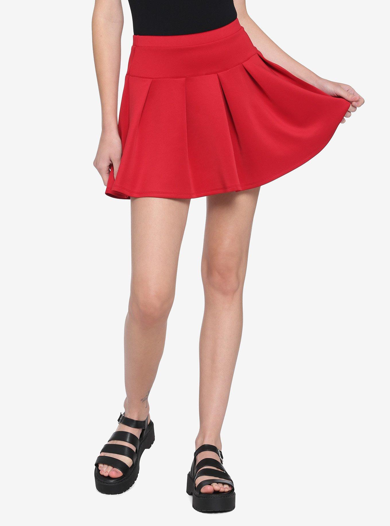 Red Pleated Scuba Skirt, RED, hi-res