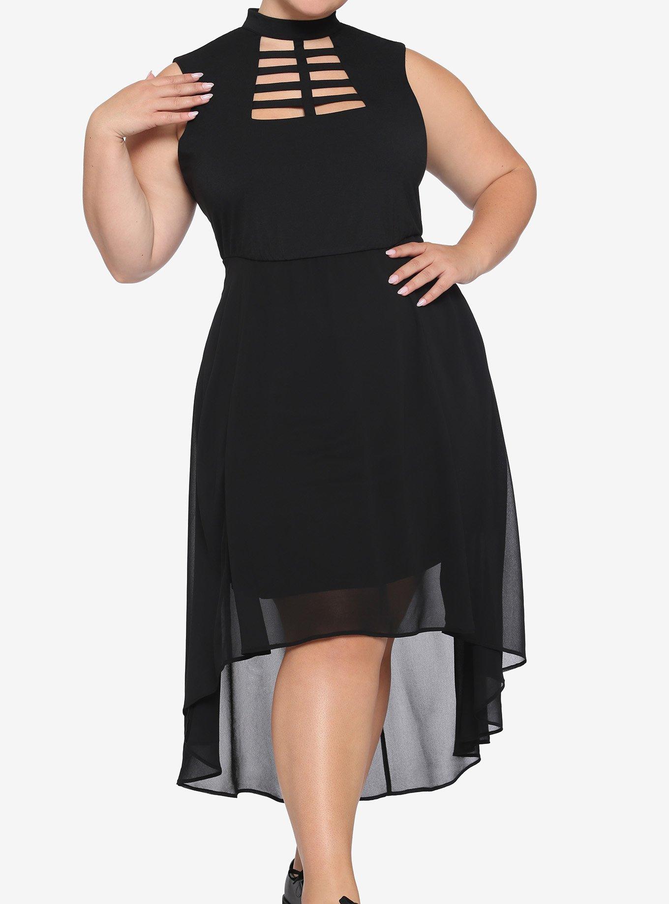 Black Caged Front Hi-Low Dress Plus Size, BLACK, hi-res