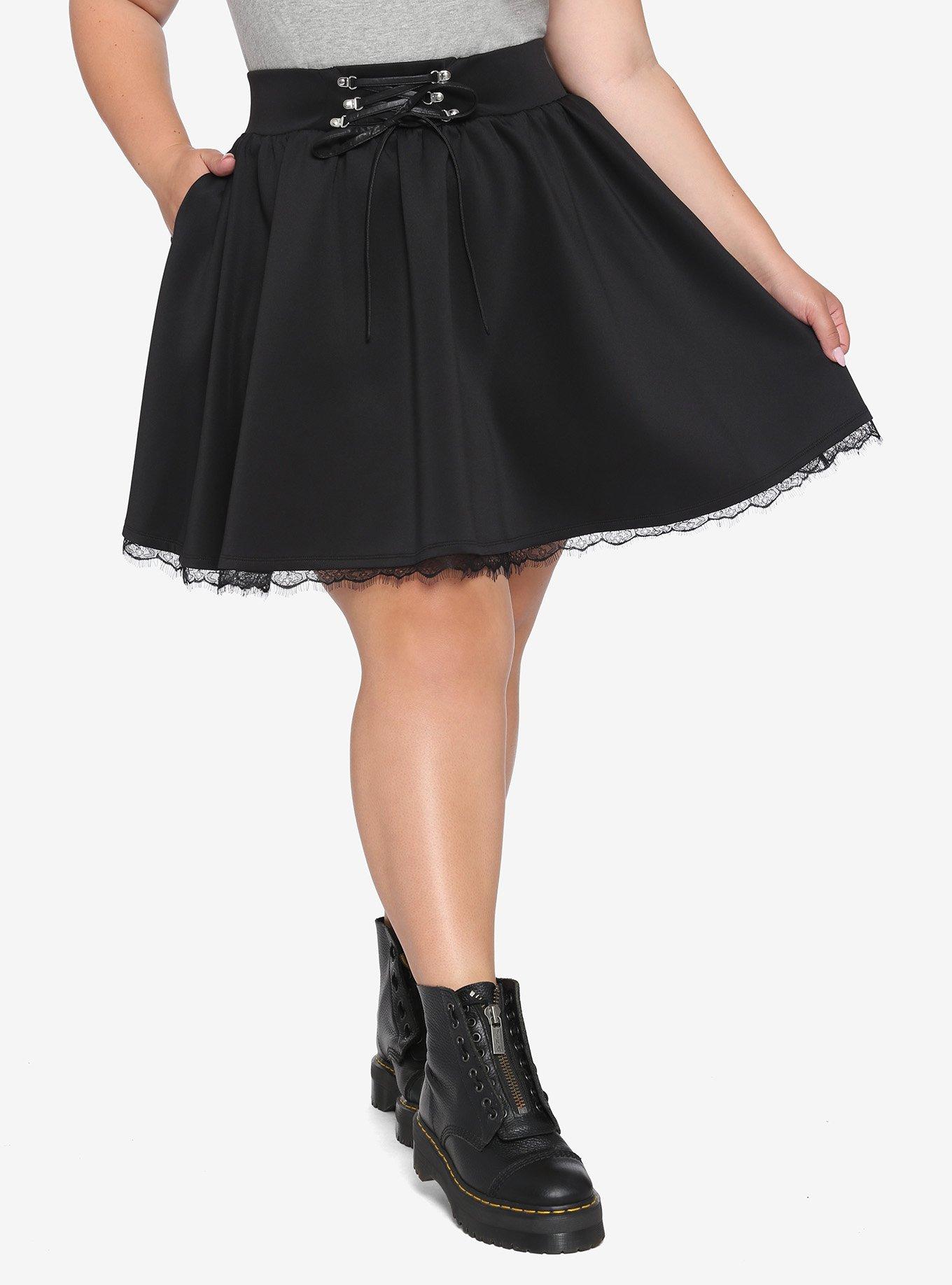 Black Lace-Up Skater Skirt Plus Size, BLACK, hi-res