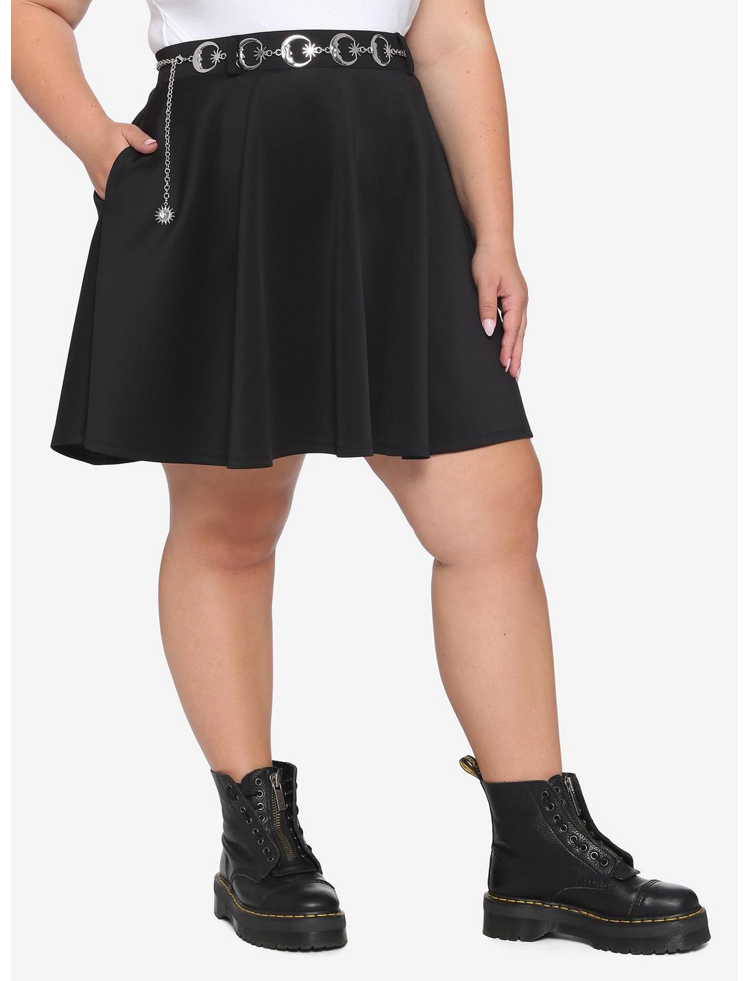 Moon & Stars Belt Black Skater Skirt Plus Size, BLACK, hi-res