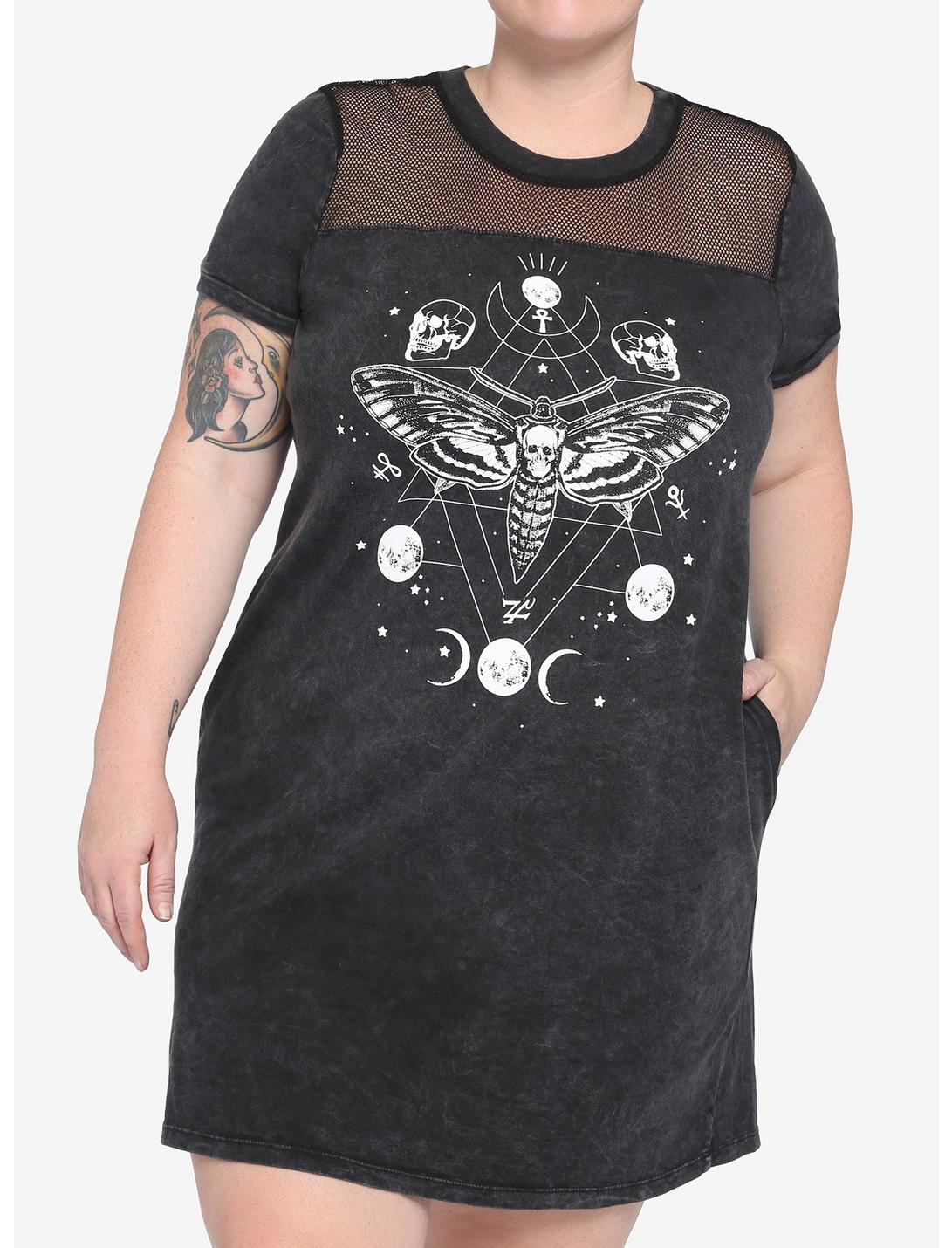 Skull Moth Mineral Wash Mesh T-Shirt Dress Plus Size, BLACK, hi-res