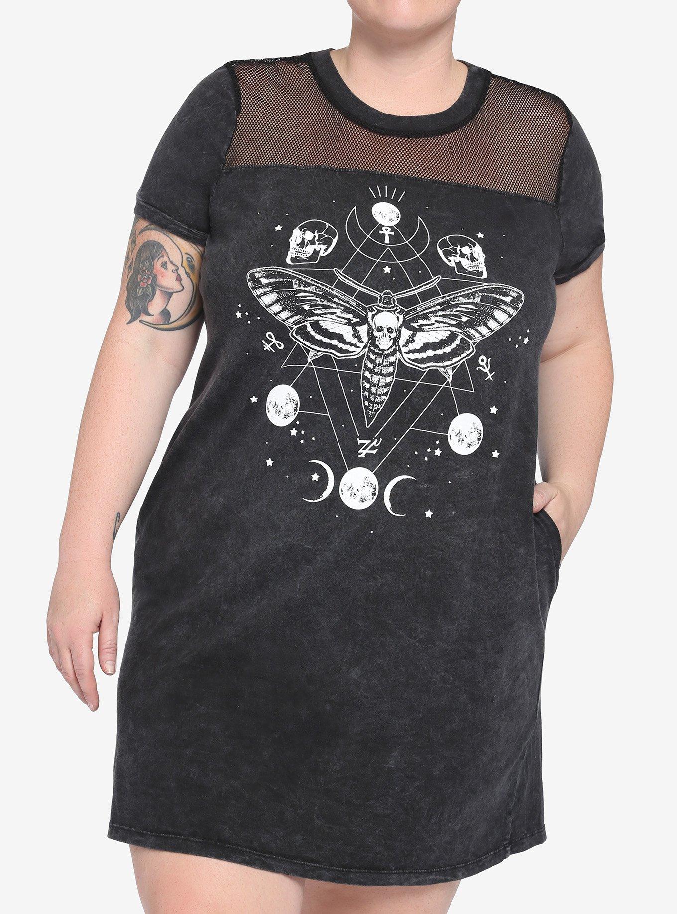 Skull Moth Mineral Wash Mesh T-Shirt Dress Plus Size, BLACK, hi-res
