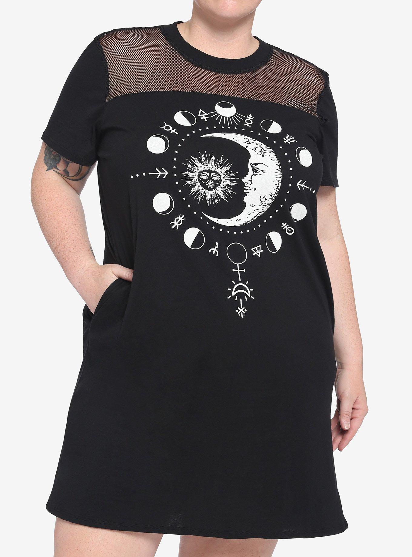 Sun & Moon Mesh T-Shirt Dress Plus Size, BLACK, hi-res