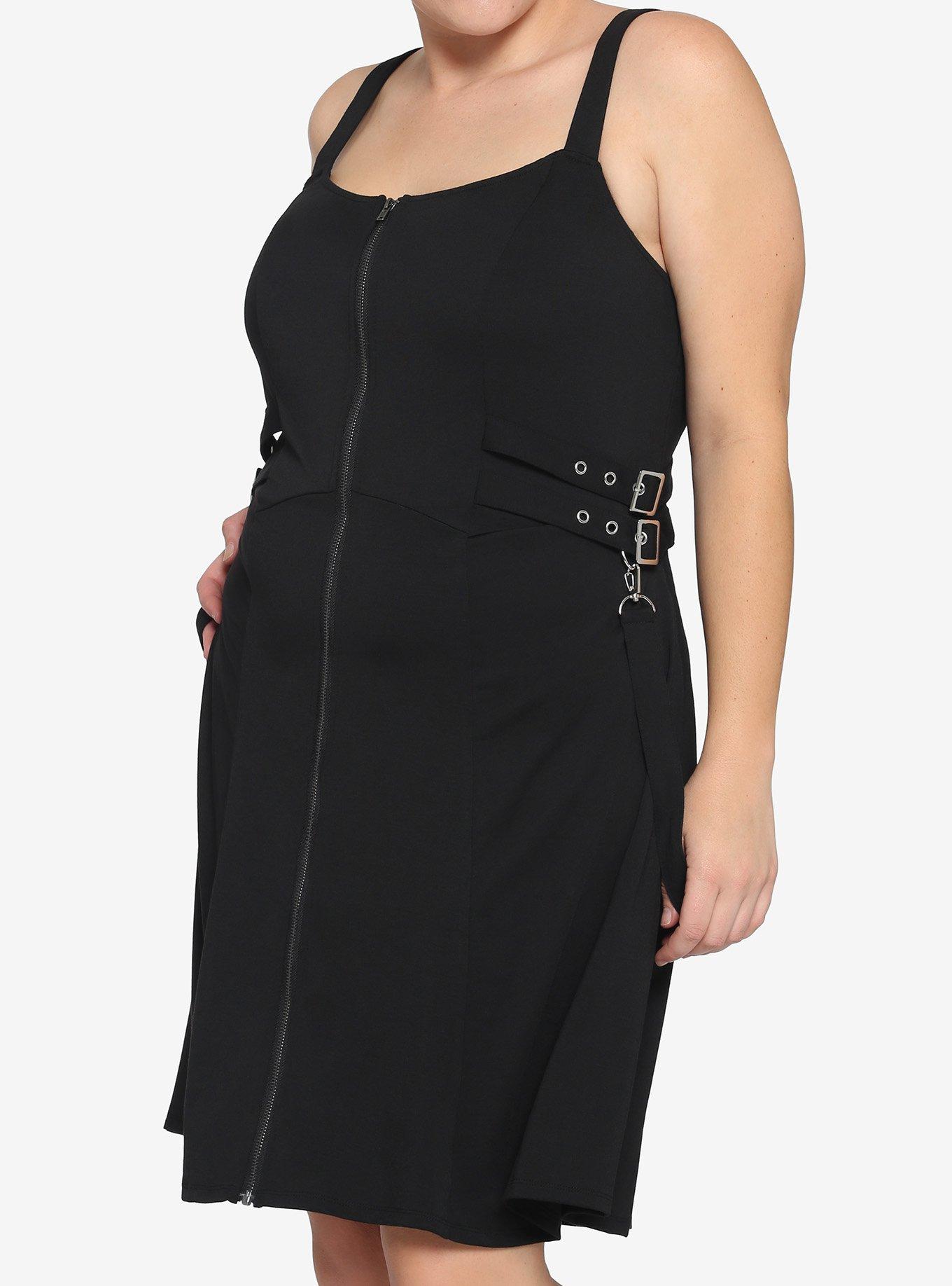 Black Zip Front Strap Dress Plus Size, BLACK, hi-res