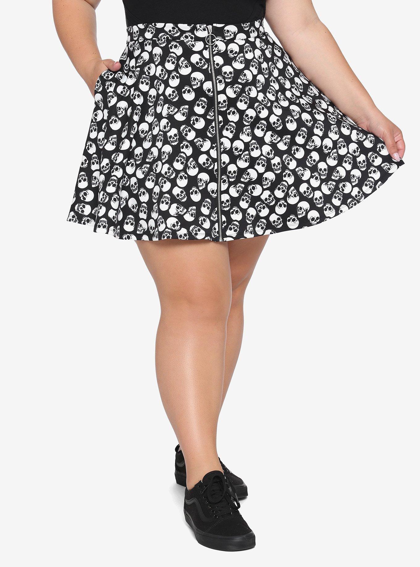Skull Pattern O-Ring Skater Skirt Plus Size, BLACK, hi-res