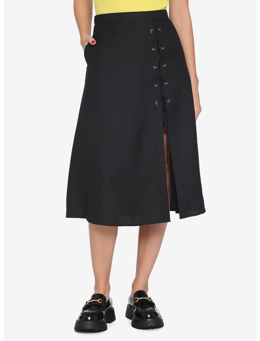 Black Lace-Up Slit Midi Skirt, BLACK, hi-res