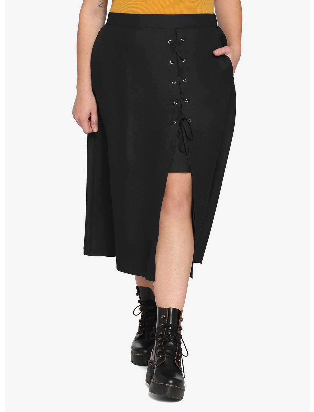 Black Lace-Up Slit Midi Skirt Plus Size, BLACK, hi-res