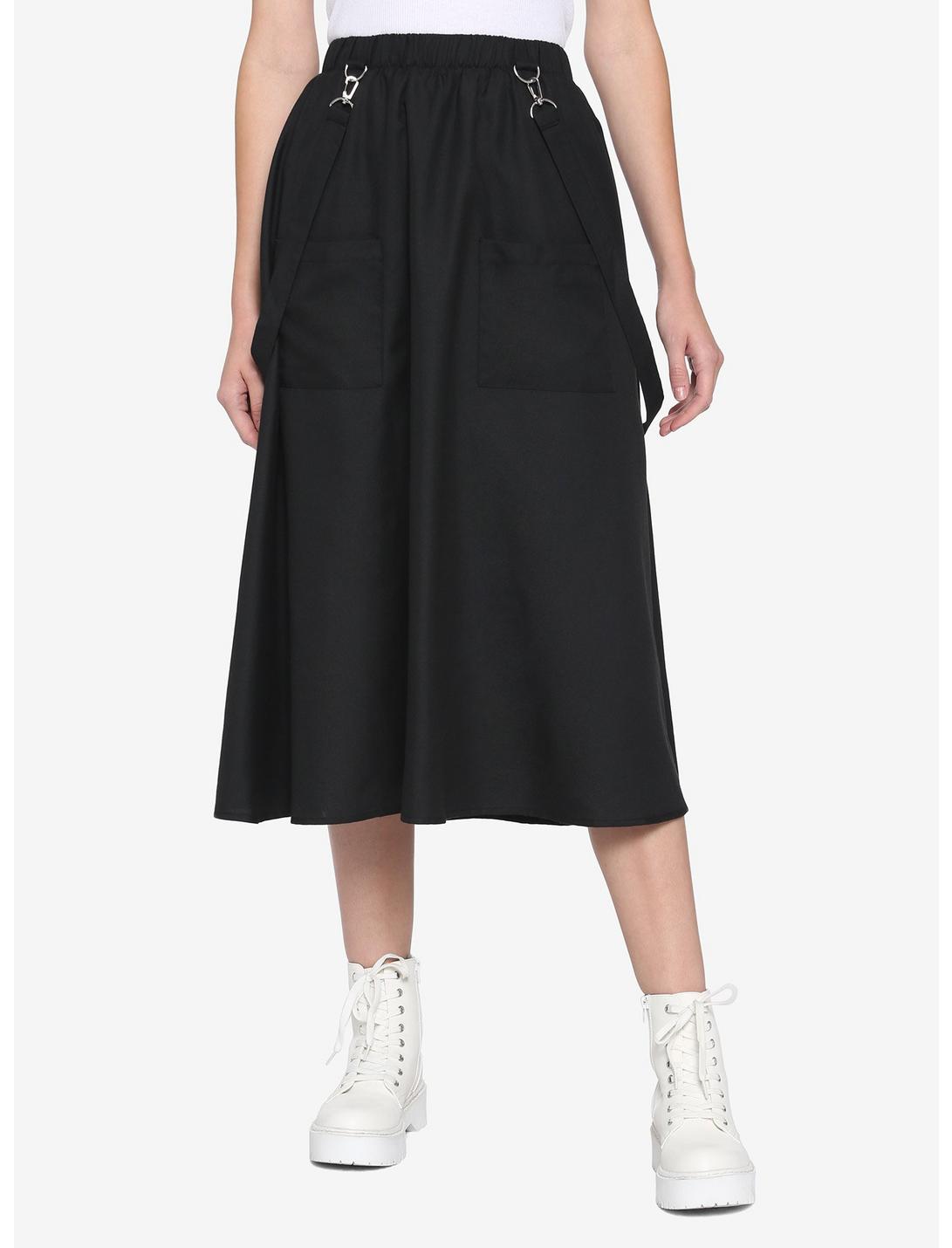 Black Utility Pockets Suspender Midi Skirt, BLACK, hi-res